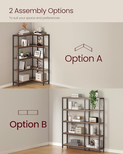 VASAGLE Rustic Brown & Ink Black 5-Tier Corner Bookshelf, 40.2 x 9.4 x 55.9 in, Convertible Storage Solution