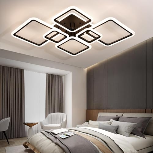 Black 7-Light Modern LED Ceiling Light with Remote - 36.2 Inch Dimmable Acrylic Rings