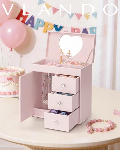 VLANDO Light Pink 4-Layer Musical Jewelry Box with 3 Drawers & Necklace Hook
