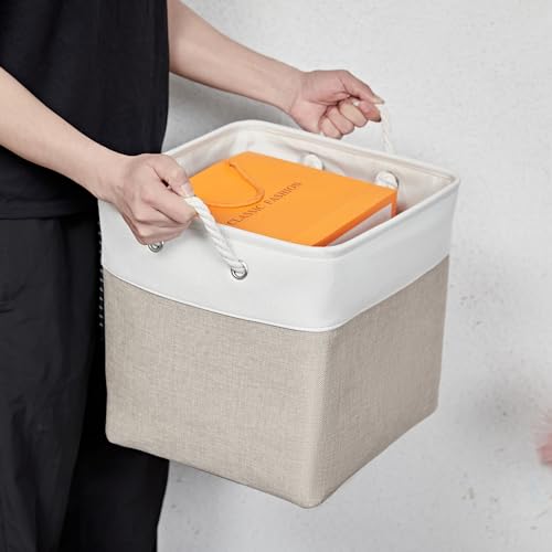 ISEMINGLA White & Beige 13 Inch Cube Storage Bins Set of 6 – Foldable Organizer Boxes for Clothes, Toys, Books