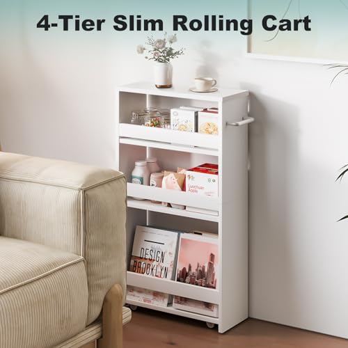 White Slim Rolling Storage Cart - Multi-Purpose Utility Kitchen Bathroom Laundry