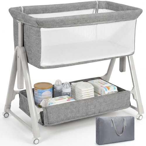 Grey Cowiewie 3-in-1 Baby Bassinet Bedside Crib with Mattress & Wheels