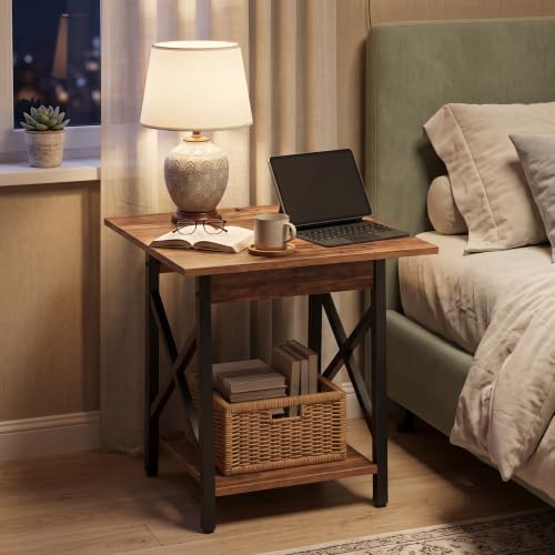 Walnut 24 Inch Square End Table with X-Frame and Two-Tier Storage
