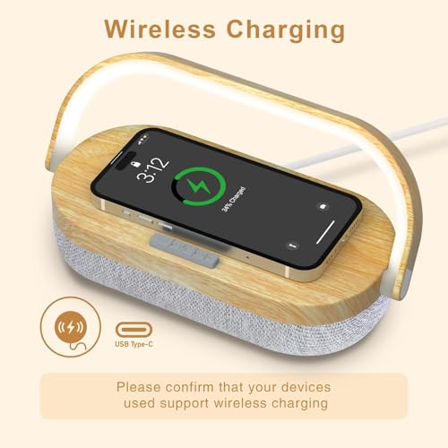 Wood Nightstand Lamp with Wireless Charger Bluetooth Speaker & Dimmable LED - 4 in 1 Touch Bedside Light
