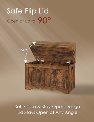 Wooden Toy Storage Chest - Rustic Brown 31.5 Inch with Safety Hinges