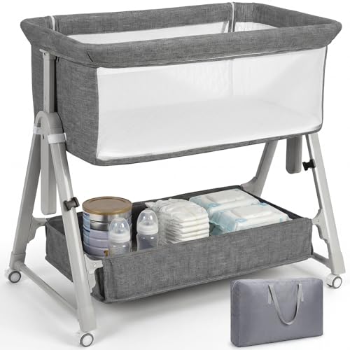 Cowiewie Dark Gray 3-in-1 Baby Bassinet Bedside Sleeper with Wheels & Storage