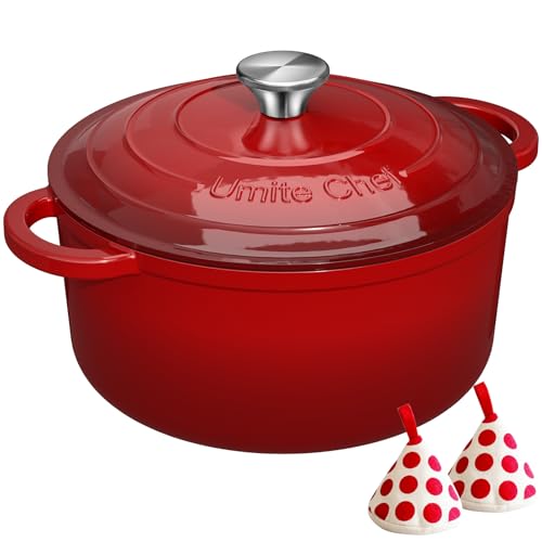 Umite Chef 5QT Red Enamel Cast Iron Dutch Oven with Lid & Cotton Potholders
