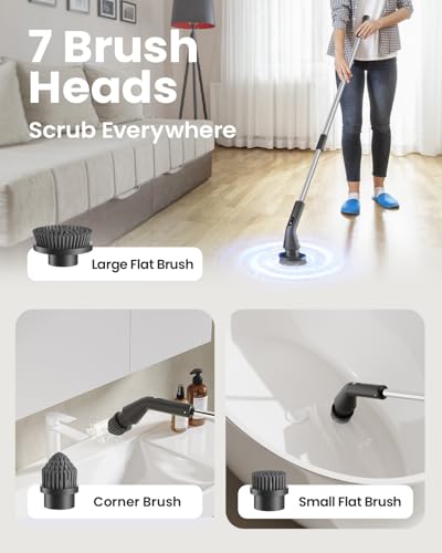 Leebein Black Electric Spin Scrubber with Extendable Handle and 7 Brush Heads