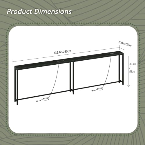 102.4-Inch Black Behind Couch Table with Dual Fast Charging Stations