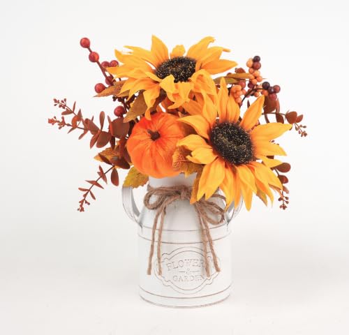 Brown Fall Thanksgiving Centerpiece with Faux Floral and Pumpkin - 13 Inch