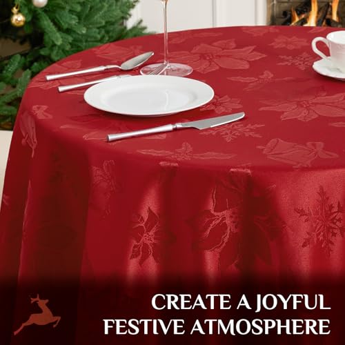 Softalker Christmas Jacquard Round Tablecloth 70in Red Flower Red