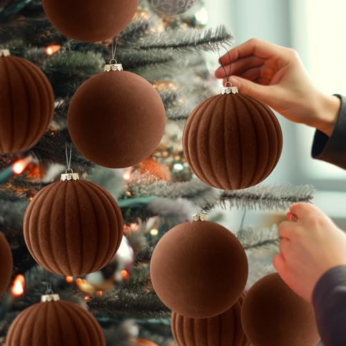 Syhood 16 Pcs 4 Inch Brown Velvet Christmas Ornaments - Holiday Tree Decor