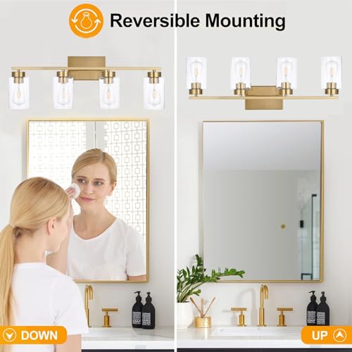 4-Light Bathroom Vanity Light Fixtures - Brushed Brass Wall Sconces with Clear Glass Shades - Gold, 4 Lights - Variation of THIS listing