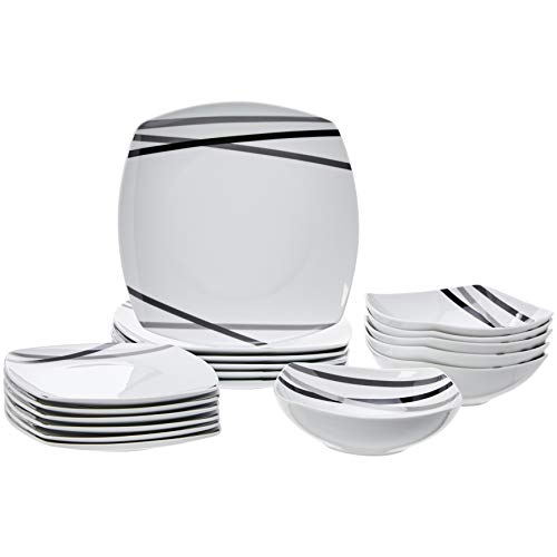 Modern Beams Square Dinnerware Set for 6 - 18-Piece Porcelain Plates & Bowls