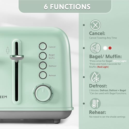 BUYDEEM 4-Slice Toaster with 7 Shade Settings, Extra Wide 1.5" Slots, Green Variation
