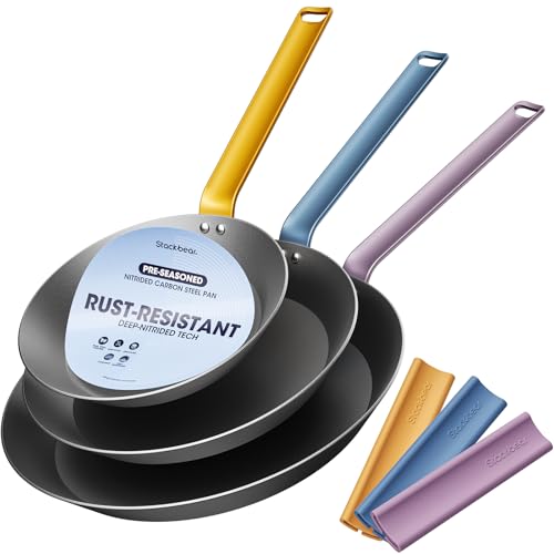 Carbon Steel Frying Pan Set 8, 10 & 12 Inch Smooth Surface Nitrided Skillets - StackBear