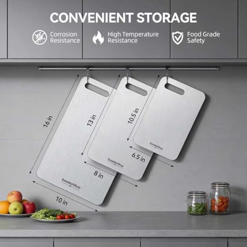 Titanium Cutting Boards Set of 3 - Double-Sided Non-Toxic Kitchen Chopping Boards with Handles - Silver, 16"x10", 13"x8", 10.5"x6.5"