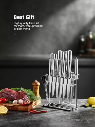 14-Piece High Carbon Stainless Steel Kitchen Knife Set with Acrylic Stand - Sharp Chef, Bread, Carving, Utility, Steak Knives, Sharpener & Scissors - Ergonomic Design