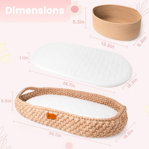 Baby Changing Basket Set with Soft Mattress & Waterproof Cover - Handmade Boho Moses Basket for Newborns