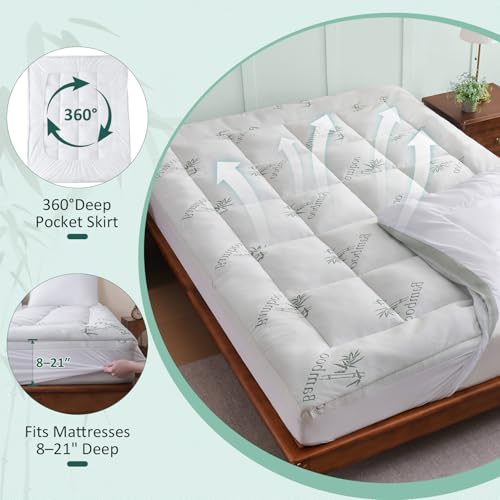 Queen Memory Foam Mattress Topper with Bamboo Viscose Cover - White, Plush Comfort