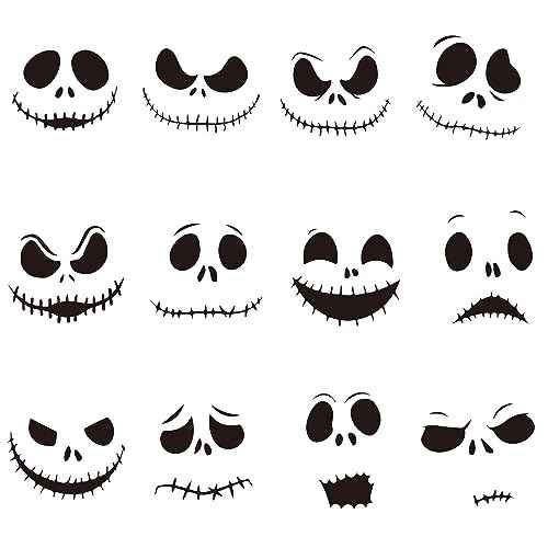 24pcs Halloween Christmas Ornaments Decal Jack and Sally Black Vinyl Ornaments Stickers and Fun Family Crafts Halloween Cartoon Skull Inspired Face Stickers Xmas Party Window Art Decal