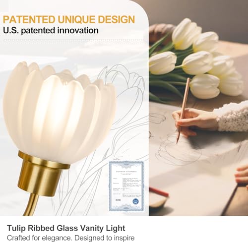 Meybiok 3-Light Brushed Gold Vanity Light Fixture with Frosted Tulip Glass Shades - Over Mirror Bathroom Lighting, Dimmable, Modern Home Decor