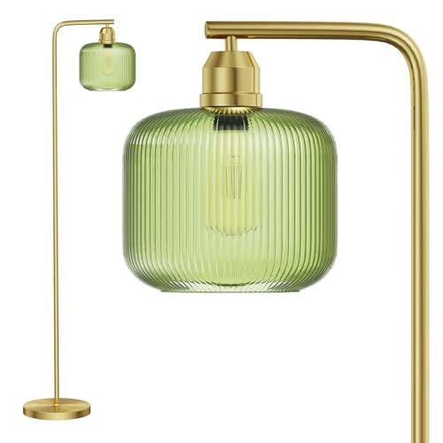 Green Ribbed Glass Floor Lamp - 66-Inch Tall Standing Lamp for Living Room - Gold Finish - Anti-Tip Base & Smart Foot Switch