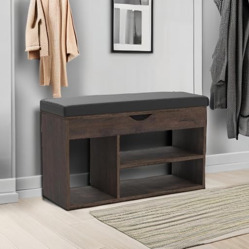 Brown 31.5-Inch Upholstered Entryway Shoe Storage Bench with Cushion