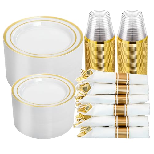 N9R White and Gold Disposable Plastic Plates Set for 50 Guests - Heavy Duty, BPA-Free