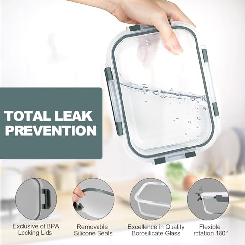 Grey Glass Meal Prep Containers Set with Airtight Locking Lids - 10 Pack