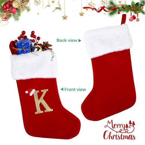 20 Inches Monogram Christmas Stockings with Letters, Large Super Soft Christmas Stockings Red Velvet with White Super Soft Plush Cuff for Christmas Xmas Tree Holiday Fireplace (K)