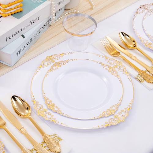 White and Gold Disposable Plates Set for Weddings and Events - 50 Pieces
