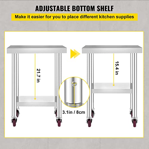 24x18x34 Inch Stainless Steel Work Table with Adjustable Shelf and Casters - Heavy Duty Kitchen Prep Station