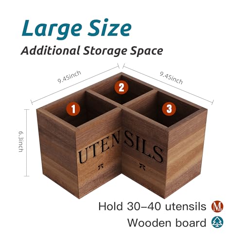 Suli Extra Large Acacia Corner Kitchen Utensil Holder with 3 Compartments - Rustic Farmhouse Countertop Organizer