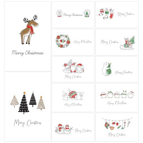 24 Pack Merry Christmas Cards 12 Festive Designs, with Printed White