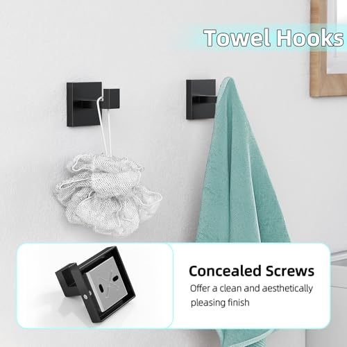 Black 24 Inch 5-Piece Bathroom Hardware Set - Towel Rack, Ring, Hooks & Toilet Paper Holder