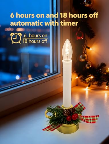 Hobbynors 4-Pack Golden Chamberstick Christmas Window Candles with Timer, 10.5 Inch LED Flameless Decor