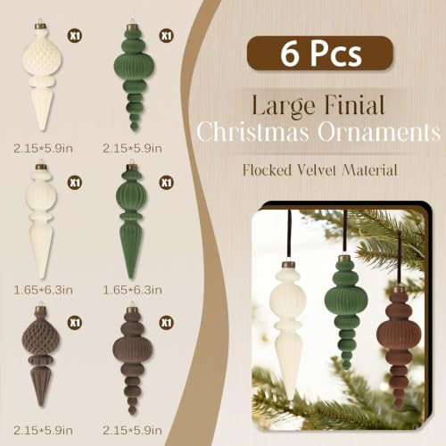 OuMuaMua Neutral Velvet Christmas Tree Ornaments Mix Color / 6 - Flocked Finial 6-Piece