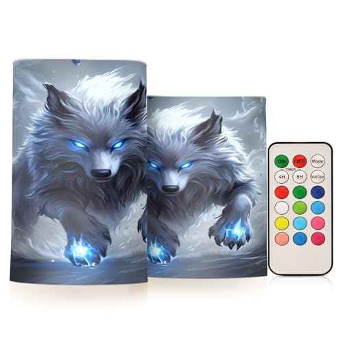 White Wolf with Glowing Blue Eyes Flameless Candles Battery Operated Color Changing LED Candles with Remote Control Timer Outdoor Indoor 2 Pack