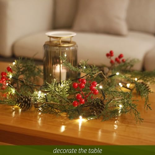 Haniz Christmas Garland 5.5 FT, 8 Lighting Modes Battery Operated, Lighted Christmas Garland 20 LEDs Pine Cones Red Berries