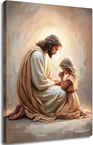EFGETTPD Jesus Praying with Girl Canvas Wall Art 36x24 in Religious Decor