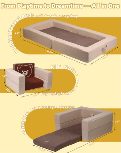 Medium Toddler Travel Sofa Bed with Bear Pattern - 3-in-1 Convertible Kids Couch & Floor Bed