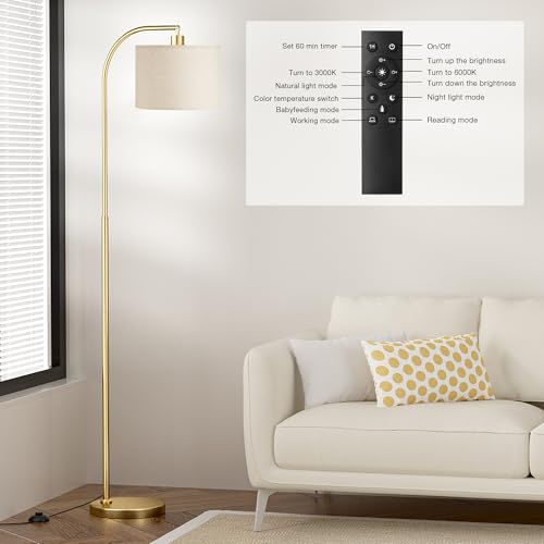 Ambimall Arc Floor Lamp with Remote - Deep Beige & Gold, Dimmable & Adjustable Lighting