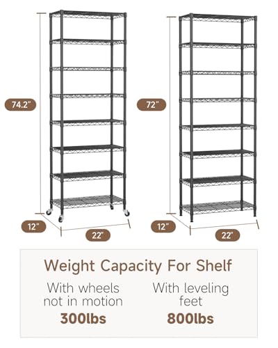 Golpart 8-Tier Adjustable Metal Wire Shelving Storage Rack Black 12"D x 22"W x 72"H