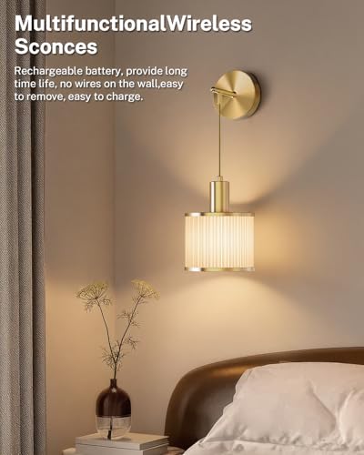 SAIMAND Set of 2 Gold and Beige Wireless Rechargeable Wall Sconces with Adjustable RGB Colors