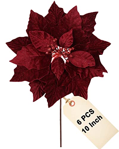 Vensovo 10 Inch Red Christmas Poinsettia Flowers - Set of 6 Holiday Floral Decorations