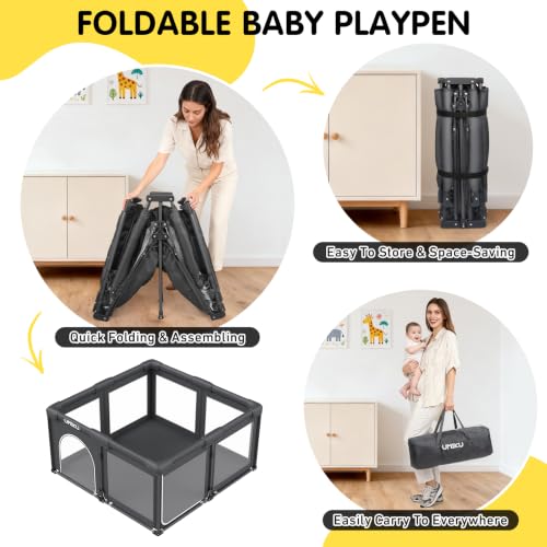 Baby Playpen Foldable 50x50 Inches with Mesh Sides & Dual-Access - Dark Grey