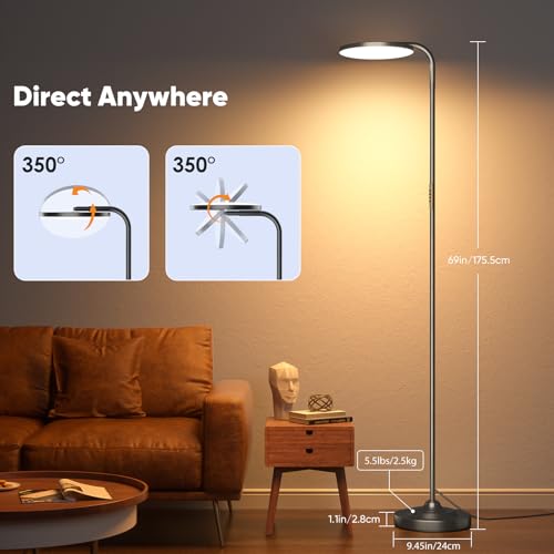 Black LED Floor Lamp 36W Dimmable Standing Torchiere with Remote, 350° Rotating Head for Living Room & Bedroom