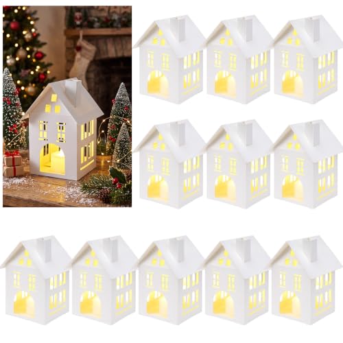15 Pcs White Christmas Village House Paper Lanterns Centerpieces - White/Christmas Village House