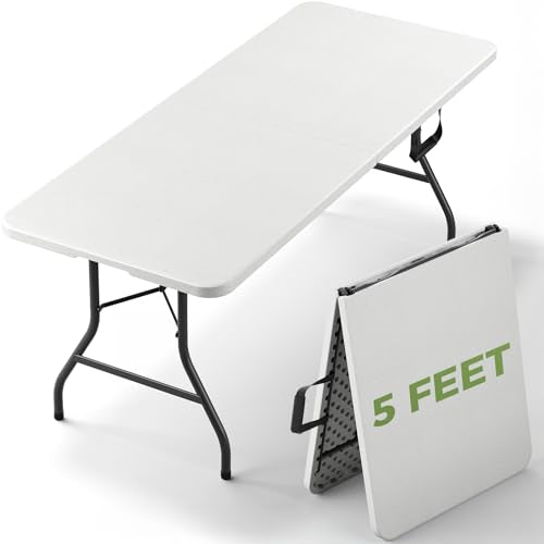 White 5 FT Foldable Plastic Utility Table with Carrying Handle - Heavy Duty Indoor & Outdoor Folding Table